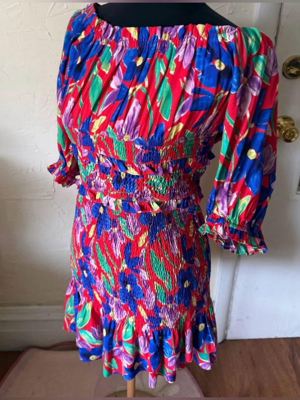 Skies Are Blue Floral Off Shoulder Smocked Mini Dress Boho Colorful Vacation L - Picture 2 of 6